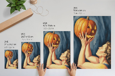 Póster con colores saturados Calabaza naranja sobre fondo azul oscuro surrealismo