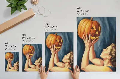 Póster de calabaza naranja sobre fondo azul oscuro diseño surrealista con colores saturados