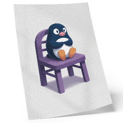 Póster pingüino morado en una silla con diseño minimalista alegre