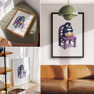 Póster pingüino morado en una silla con diseño minimalista alegre