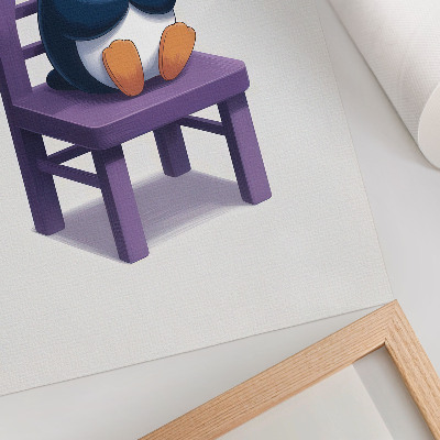 Póster pingüino morado en una silla con diseño minimalista alegre