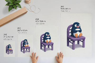 Póster pingüino morado en una silla con diseño minimalista alegre