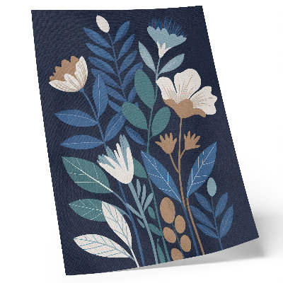 Lienzo decorativo moderno Hojas azules, flores color crema, detalles marrones.
