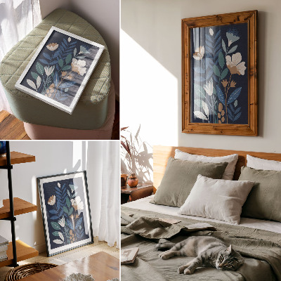 Lienzo decorativo moderno Hojas azules, flores color crema, detalles marrones.