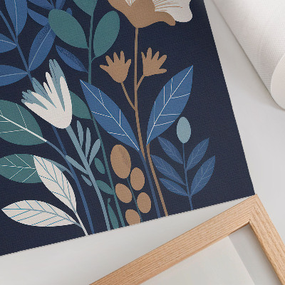 Lienzo decorativo moderno Hojas azules, flores color crema, detalles marrones.