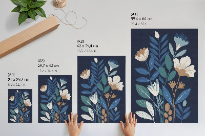Lienzo decorativo moderno Hojas azules, flores color crema, detalles marrones.