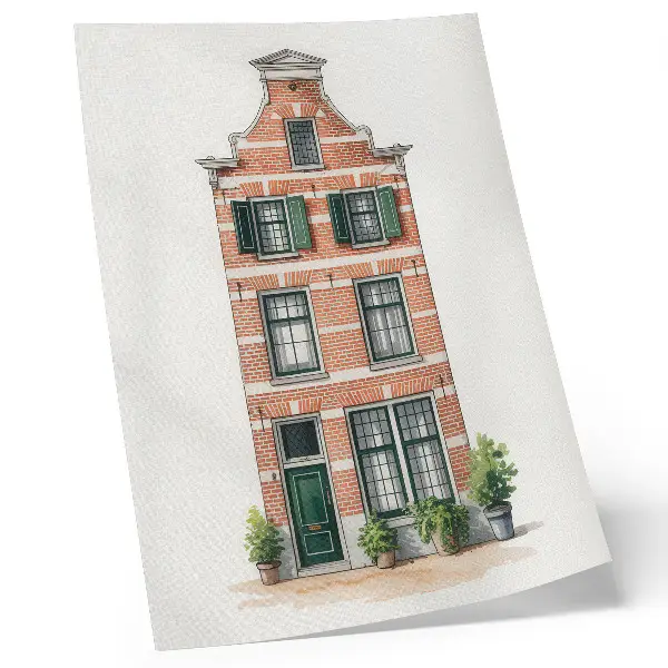 Póster de ladrillo rojo con ventanas verdes y arquitectura clásica