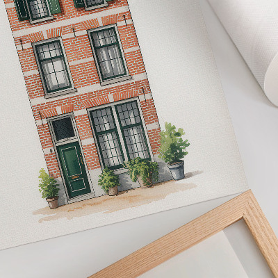 Póster de ladrillo rojo con ventanas verdes y arquitectura clásica
