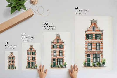 Póster de ladrillo rojo con ventanas verdes y arquitectura clásica