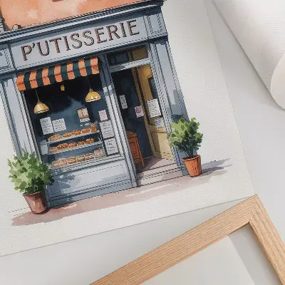 Póster de panadería retro con paredes en tonos pastel y colores saturados