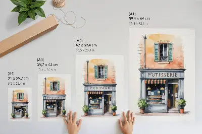 Póster de panadería retro con paredes en tonos pastel y colores saturados