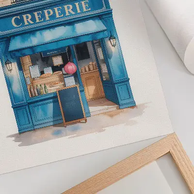 Lienzo decorativo moderno con la fachada azul de un café en una calle encantadora