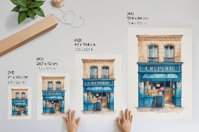 Lienzo decorativo moderno La fachada azul de un café en una calle encantadora.
