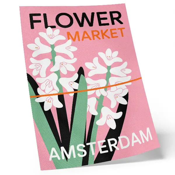 Póster flores blancas con letras rosas y contraste verde