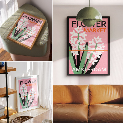 Póster Flores blancas, letras rosas, contraste verde