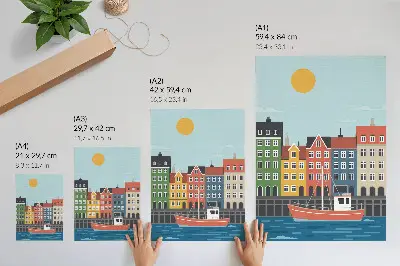 Póster de edificios coloridos sobre el agua diseño con colores saturados en un día soleado