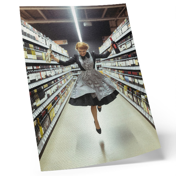 Póster Una mujer con un vestido retro salta en una tienda.