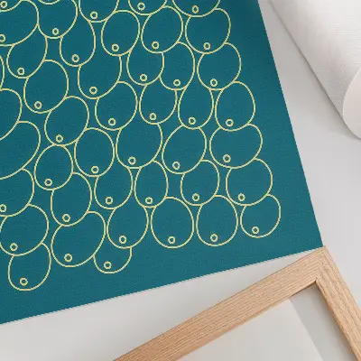 Póster con diseño de curvas en tono amarillo sobre fondo turquesa