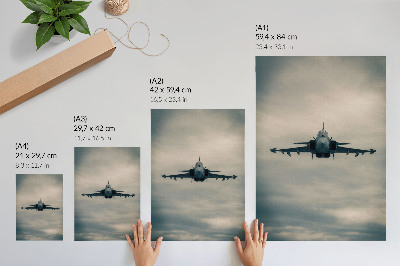 Póster con colores saturados Avión de combate monocromático en vuelo, encuadre dinámico.