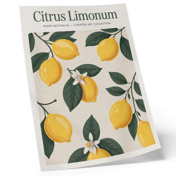 Póster Limones jugosos, hojas verdes, fondo crema