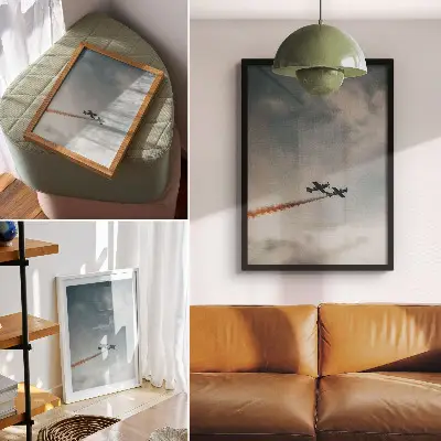 Póster con técnica minimalista de dos aviones en el cielo con colores saturados