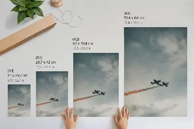 Póster con técnica minimalista de dos aviones en el cielo con colores saturados