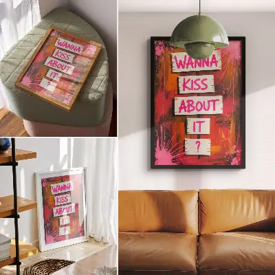 Lienzo decorativo moderno con fondo colorido y letras rosas
