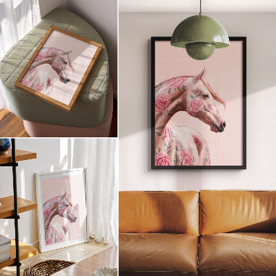 Póster con colores saturados Caballo con flores, elegancia romántica, modernidad