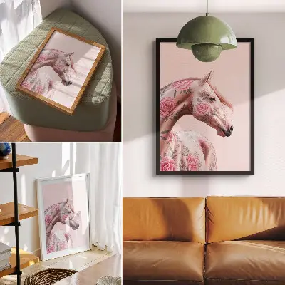Póster de caballo con flores de estilo elegante, romántico y moderno con colores saturados