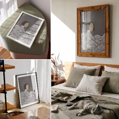 Póster con diseño de figura abstracta en ondas de color gris
