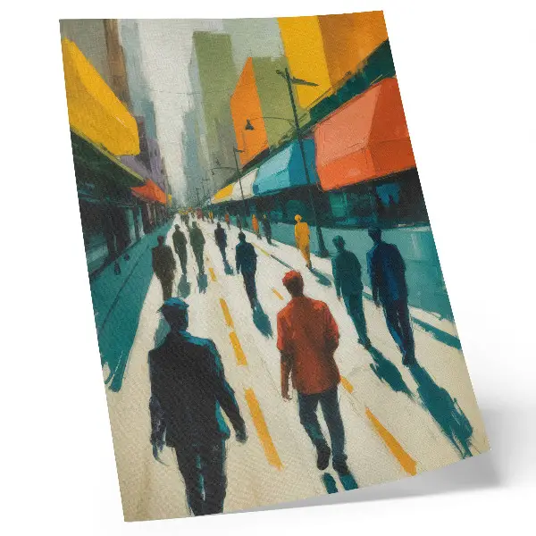 Póster de grupo de personas en una calle colorida de la ciudad con colores saturados