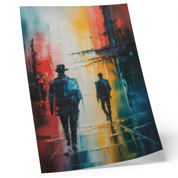 Póster Una colorida escena urbana con figuras misteriosas