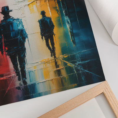 Póster Una colorida escena urbana con figuras misteriosas