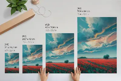 Lienzo decorativo moderno con un colorido prado de amapolas bajo un cielo resplandeciente