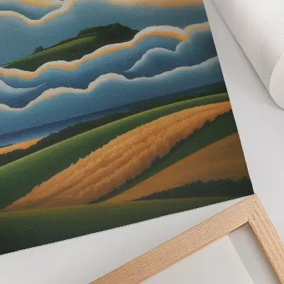 Póster olas, colinas verdes y cielo en tonos pastel