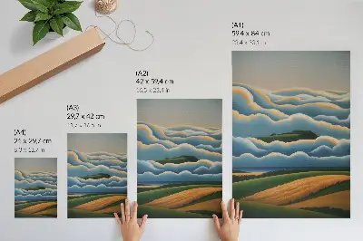 Póster olas, colinas verdes y cielo en tonos pastel