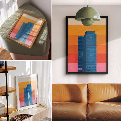 Póster con colores saturados Edificio moderno con fondo naranja y rosa.
