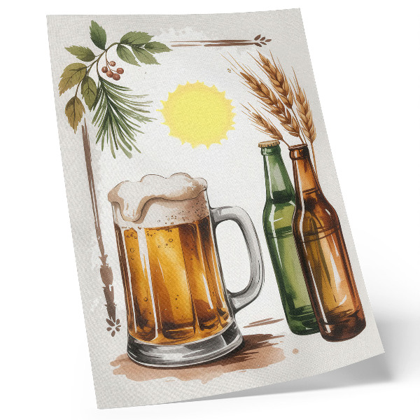 Lienzo decorativo moderno Una jarra de cerveza con botellas, hojas y sol.