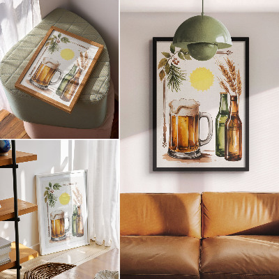 Lienzo decorativo moderno Una jarra de cerveza con botellas, hojas y sol.
