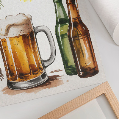 Lienzo decorativo moderno Una jarra de cerveza con botellas, hojas y sol.
