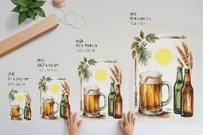 Lienzo decorativo moderno jarra de cerveza con botellas, hojas y sol