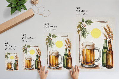 Lienzo decorativo moderno Una jarra de cerveza con botellas, hojas y sol.