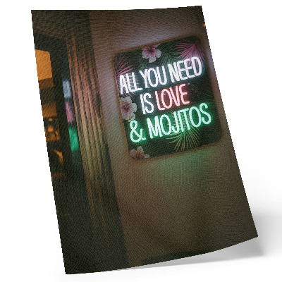 Póster Letras de neón, hojas tropicales, colores vivos, verano