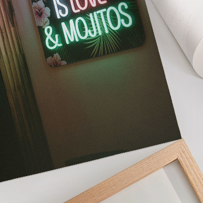 Póster Letras de neón, hojas tropicales, colores vivos, verano