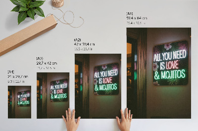 Póster Letras de neón, hojas tropicales, colores vivos, verano
