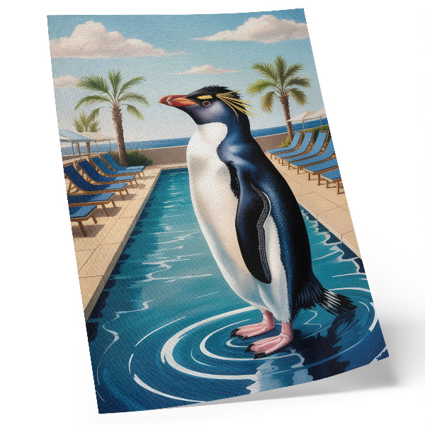 Póster con colores saturados Piscina de pingüinos, palmeras, relajación en el mar