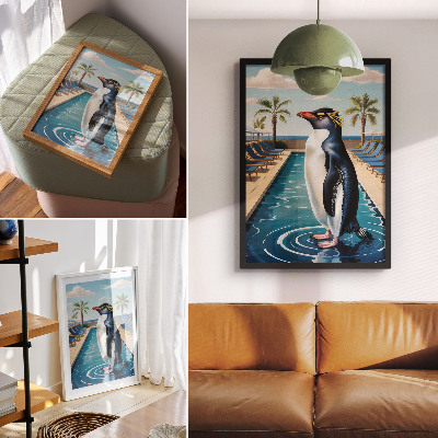 Póster con colores saturados Piscina de pingüinos, palmeras, relajación en el mar
