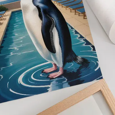 Póster de piscina con pingüinos y palmeras diseño con colores saturados y temática de relajación en el mar