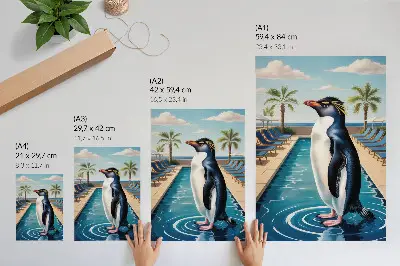 Póster de piscina con pingüinos y palmeras diseño con colores saturados y temática de relajación en el mar