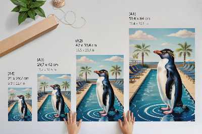 Póster con colores saturados Piscina de pingüinos, palmeras, relajación en el mar